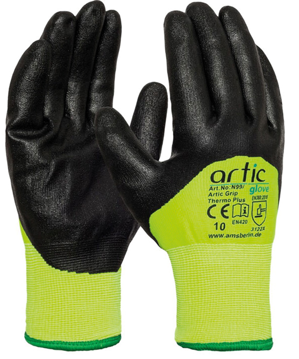 Handschuh in Neongrün und Innenflächen und Finger schwarz gummiert.