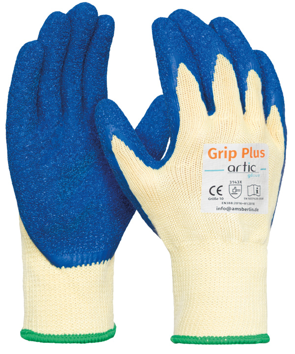 Hell gestrickter Handschuh mit Gummierung der Handinnenseiten in Blau. 