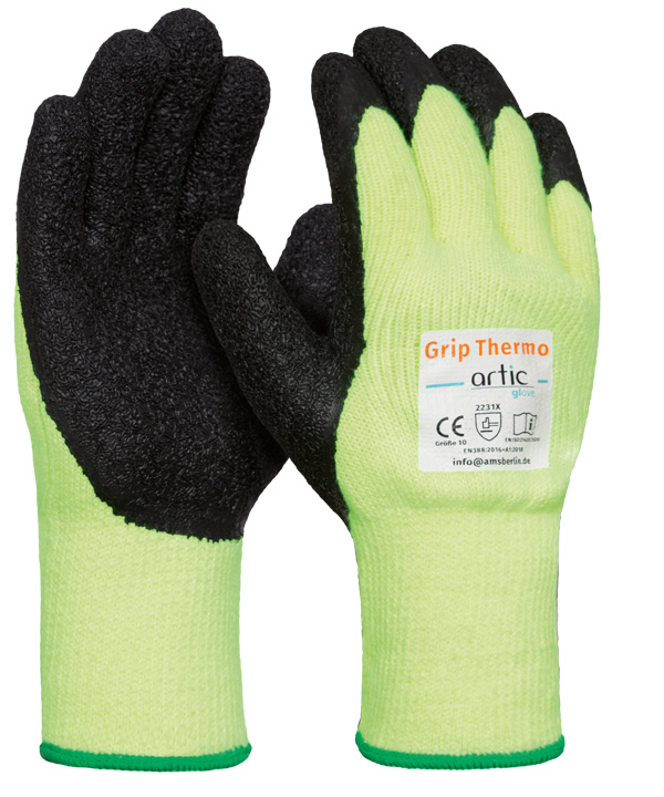 Hellgrün gestrickter und gummierter Handschuh. Innenflächen beschichtet und schwarz. 