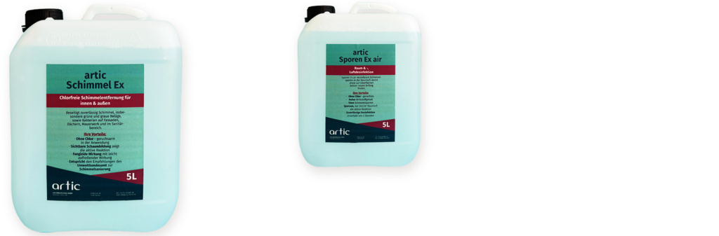 Zwei Kanister à 5 Liter mit dem Aufdruck artic Schimmel Ex und artic Sporen Ex air 